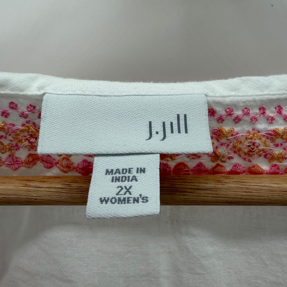 J. Jill Womens 2X White Linen Blend Embroidered Tunic Top Pink Orange Boho 2490 - Picture 2 of 6